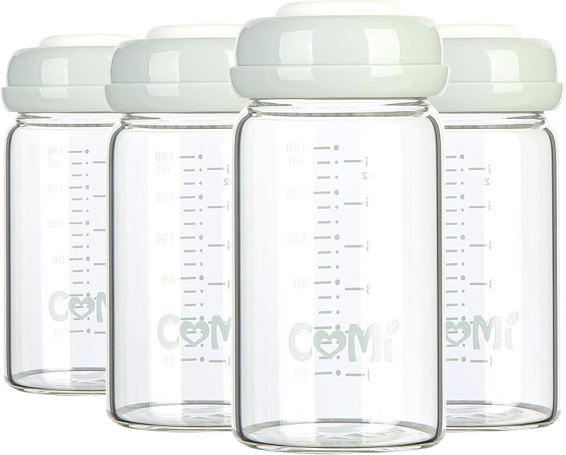 COMI Botella de almacenamiento y colección de leche materna de vidrio de cuello ancho, 4 paquetes, 6 oz con disco de sellado de anillo de rosca; Disco de sellado destacable. Sin BPA, se adapta a extractores de leche y tetinas (4 tapas grises)