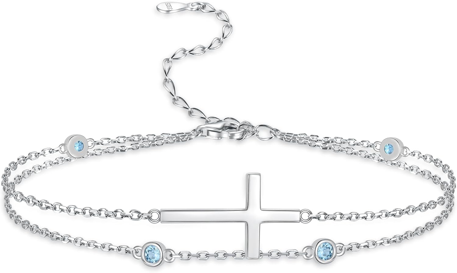 Sterling Silver Cross Birthstone Bracelet: Women Cross Month Stone Double Layer Chain Bracelet Birthday Gift