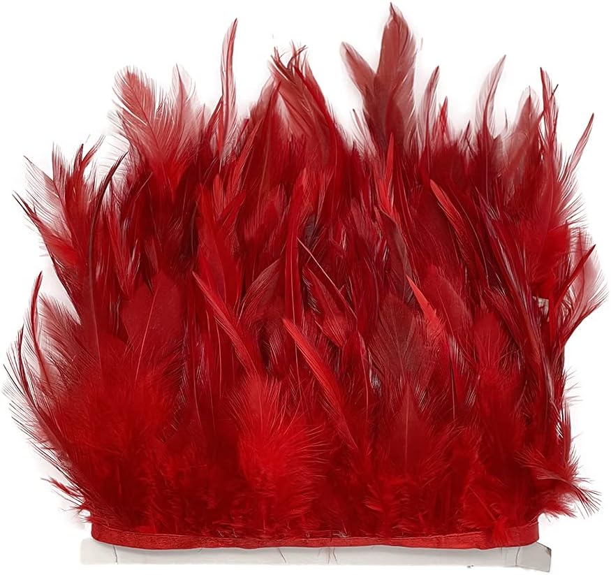 Red 2Yard Rooster Hackle Feather Fringe Trim 4-6inch in Width for DIY Costume Sewing Craft Decor Dress Accessories Party Supplies Festival Outfits