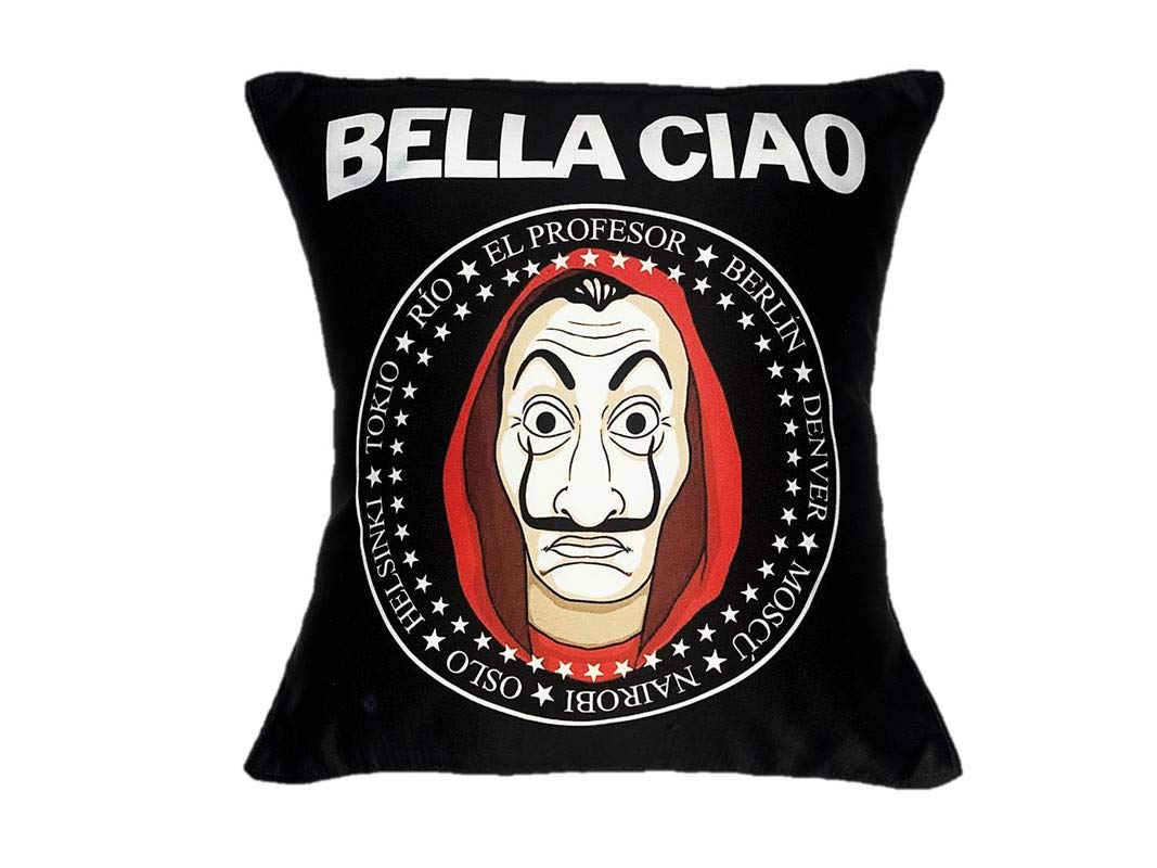 Monk Matters Bella Ciao Money Heist Micro Satin Cushion Cover with Filler Size 12x12 Inches Multicolor