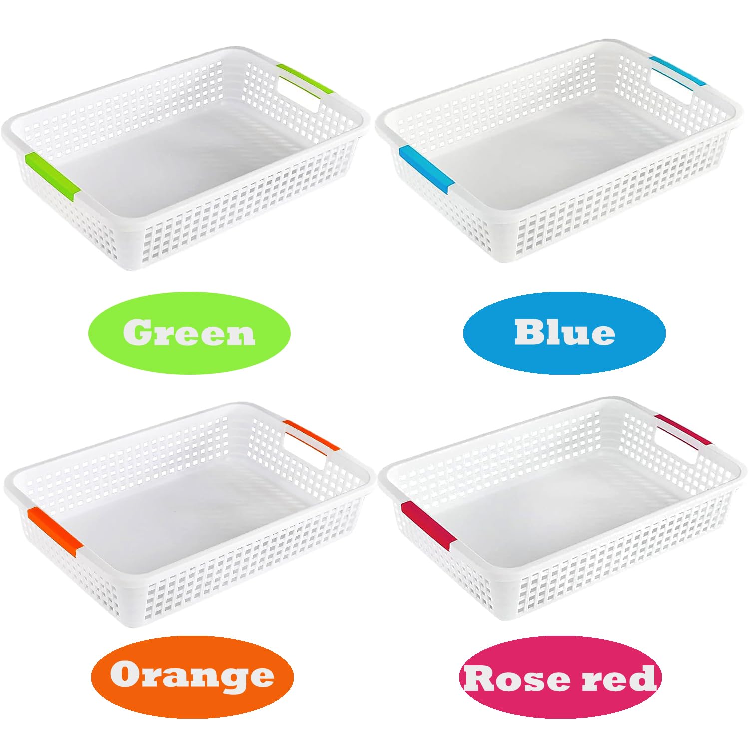 Paquete de 8 cestas de almacenamiento de plástico con asa, cesta de almacenamiento de papel para archivos de escritorio, cestas organizadoras de aula, contenedores de plástico para biblioteca,