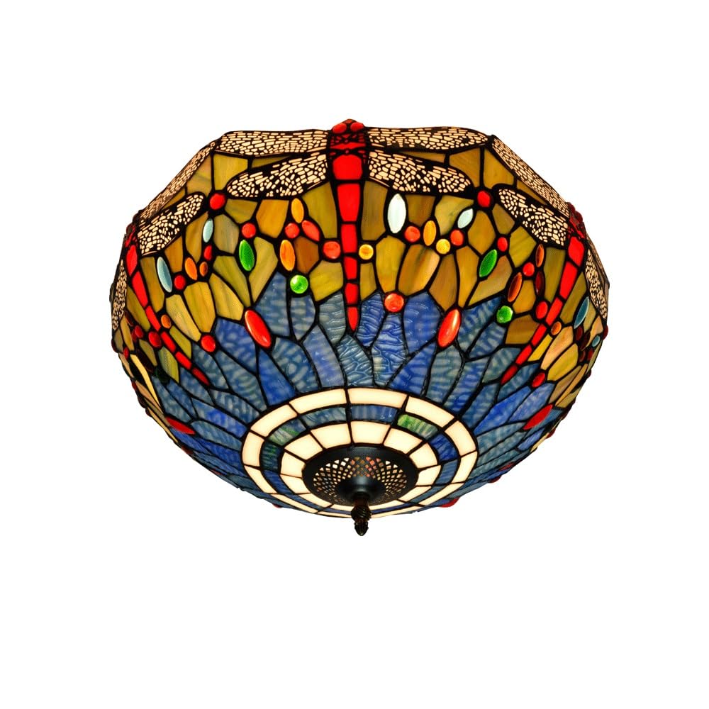 HJRegaFimu 16 Inches Flush Mount Ceiling Light Stained Glass Uplighter Lamp Blue Dragonflies Vintage Style Deco Large Chandelier For Living Dining Room Bedroom Corridor