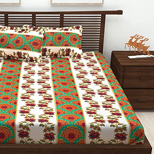 Image of Story@Home Magic Ethnic Collection Floral 100% Cotton 1 Bedsheet for Double Bed and 2 Pillow Covers - White & Turquoise कपास डबल बेडशीट