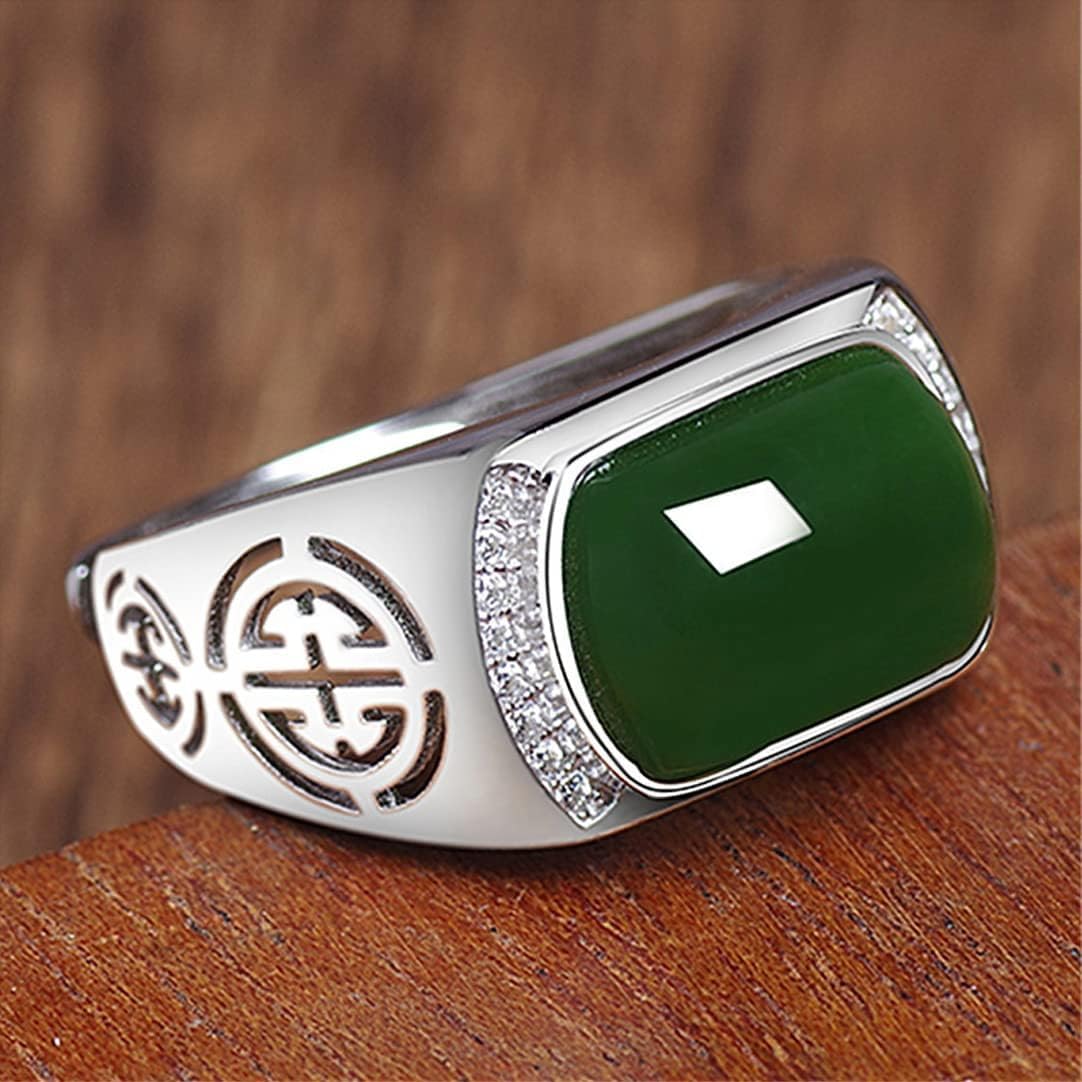 HAIXIAN Natural Agate Ring for Men, White Gold Plated Sterling Silver, Green Onyx Emerald Stone, Adjustable, Handmade Turkish Jewelry - Image 5
