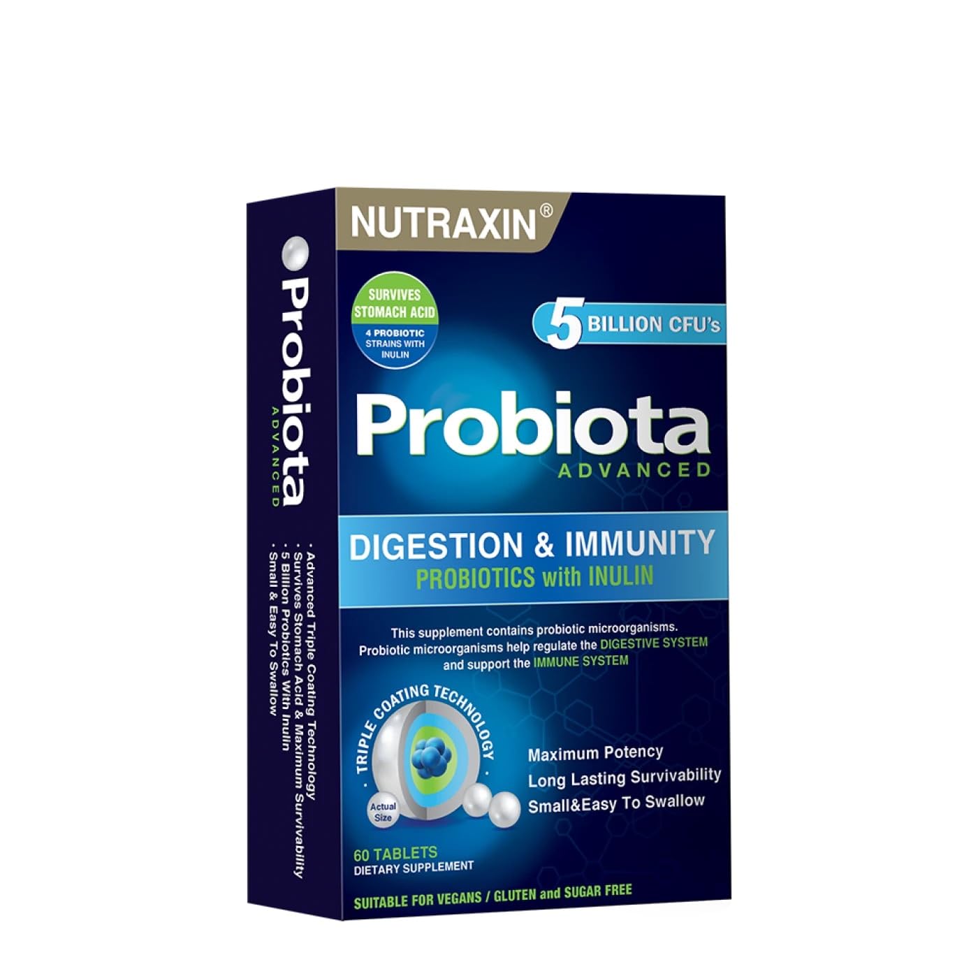 NutraxinProbiota Advanced - 2x1.25 Billion CFU Probiotics - 60 Tablets with 4 Strains (Lactobacillus and Bifidobacterium) & Inulin - Allergens-Free Supplement for Adults