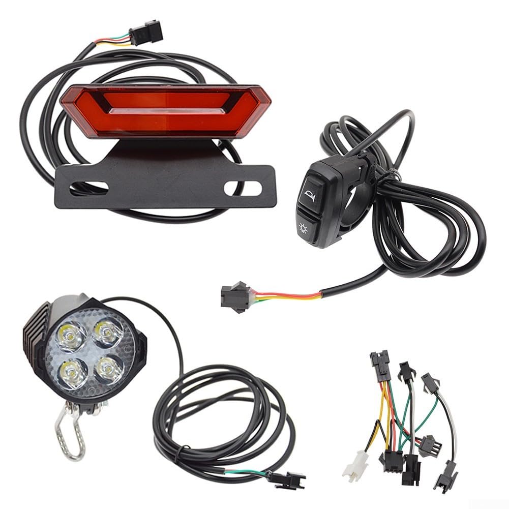 Kit di luci per bici elettrica da 24 V-48 V con interruttore a clacson, set di fari a LED impermeabili e fanale posteriore per bicicletta elettrica, cavo da 1500 mm, luci di sicurezza per guida