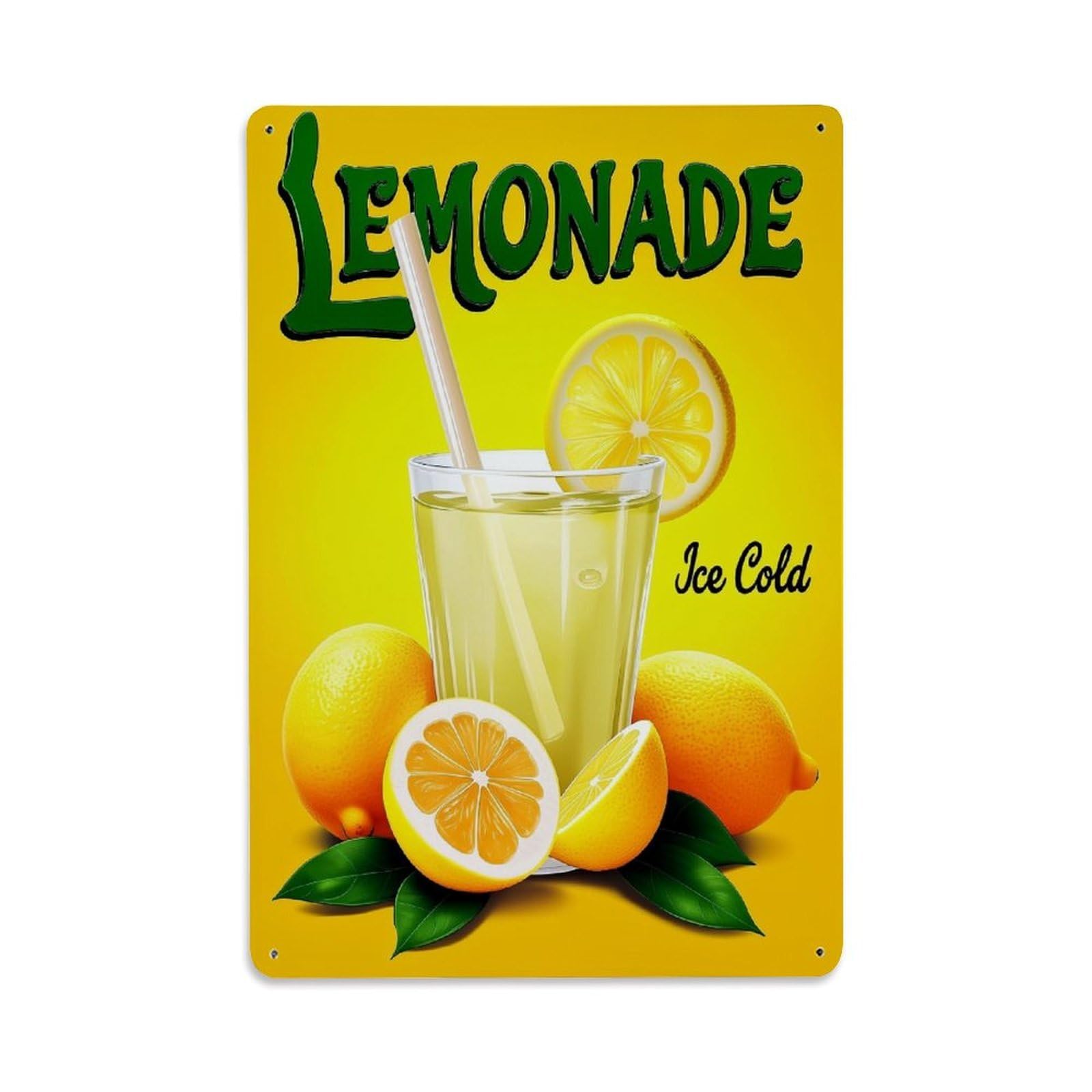 Lemonade Glass With Lemon Slices And Straw Vintage Tin Sign Retro Metal Wall Decor Metal Poster, Home Bar Garage Farmhouse Cafe Wall Art Decoration 8x12Inches