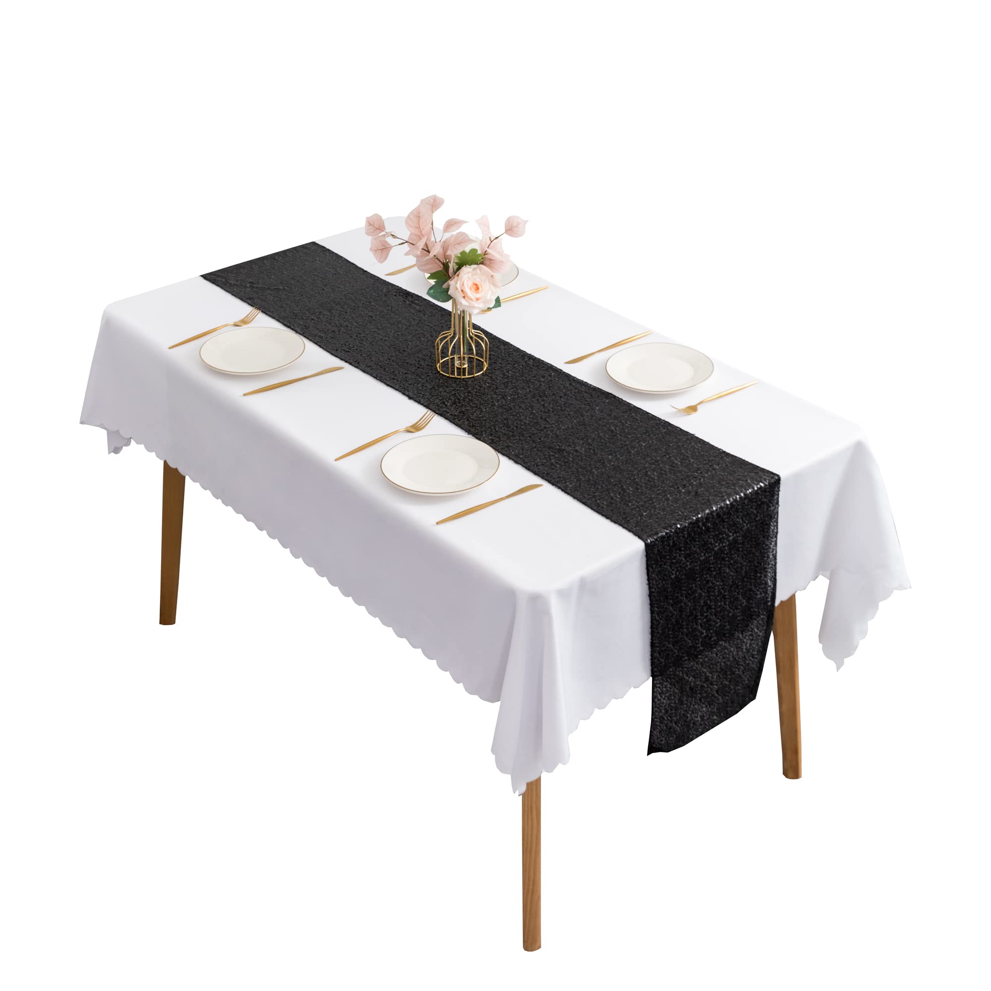 iEventStar 2 pieces Sequin Glitter Shiny Table Runner Rectangular for Wedding Party (12'' x 72'', Black)