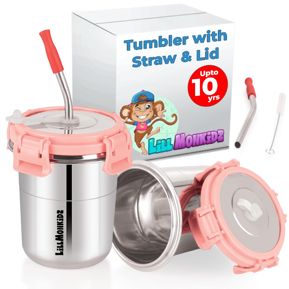 Stainless Steel Tumbler for Kids | Tumbler Glass with Straw for Kids | Steel Tumbler with Lid, Straw, Cleaning Brush and Silicon | (Sea Green, 300ml) (Ice Pink)