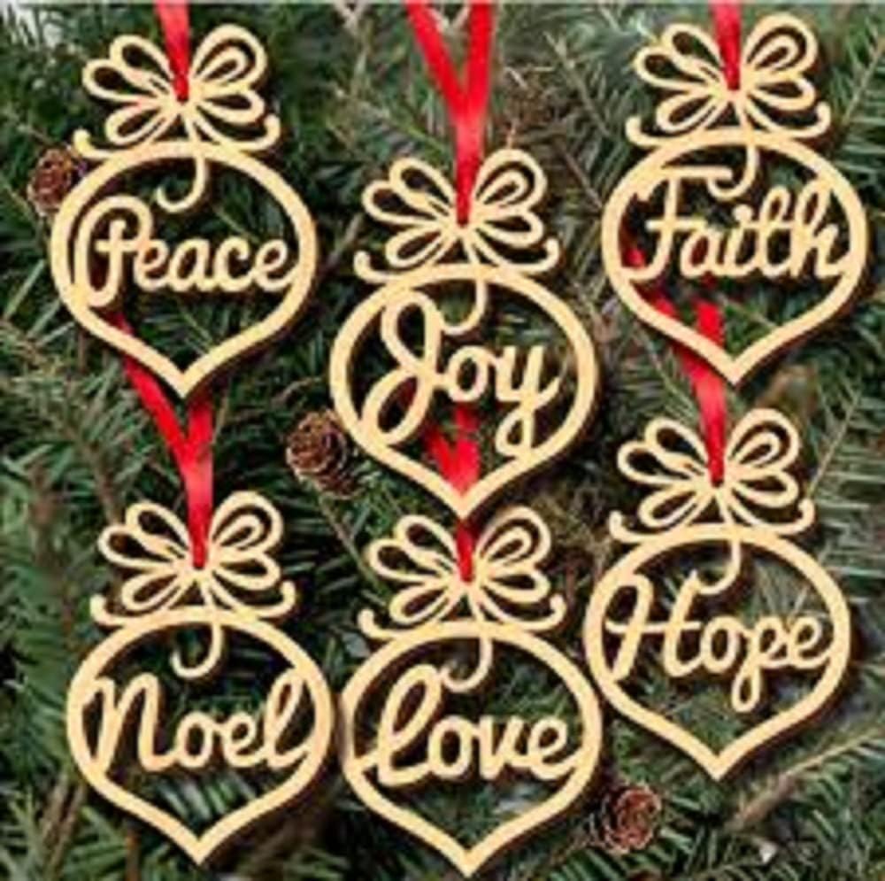 300Sparkles MDF ooden Christmas Tree Decoration Ornament with Name Faith Joy Hope Love Peace Noel Cutout for Christmas Decoration Hanger Pack of 12 Pcs.