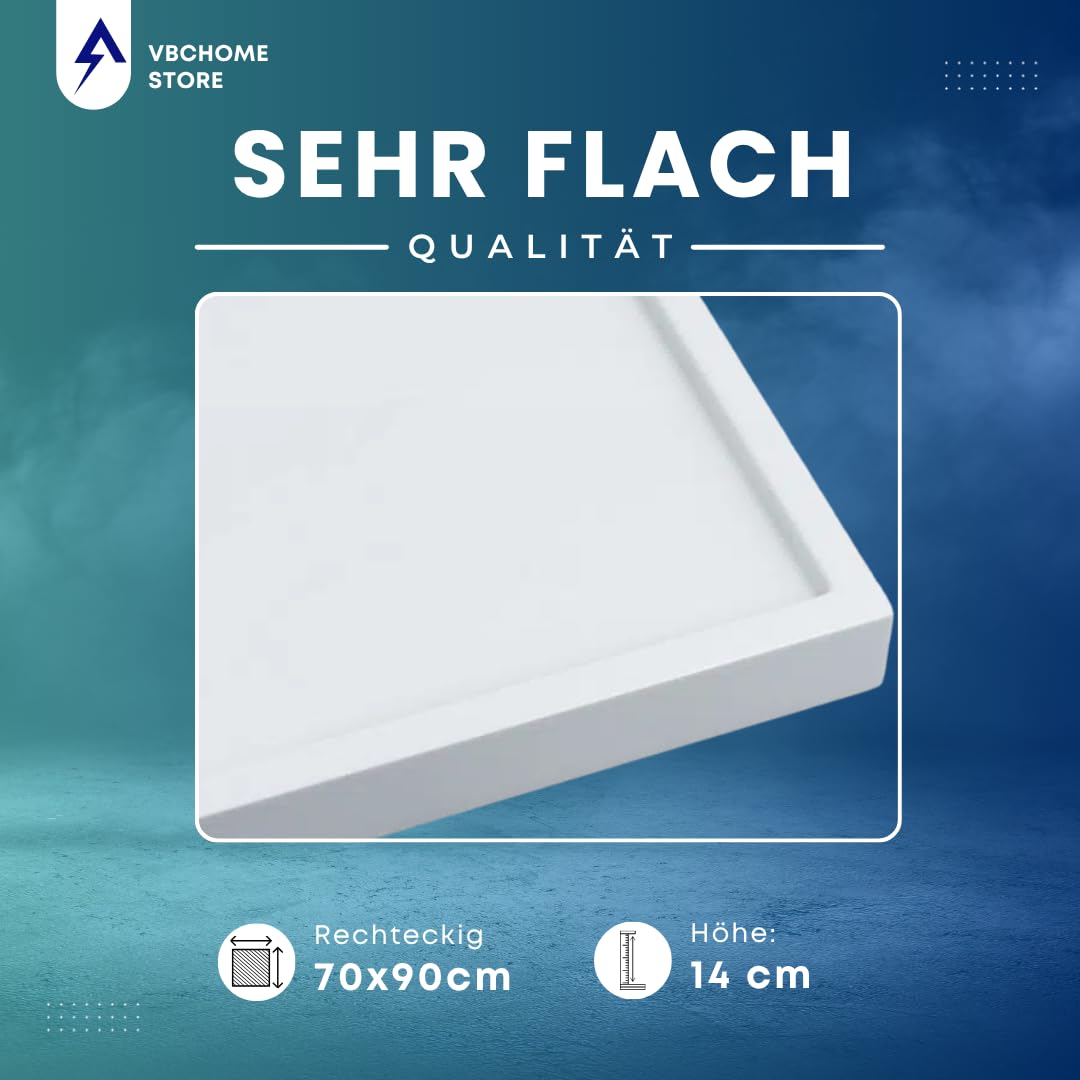 VBChome Acryl-Duschwanne 70x90x14 cm Duschtasse Competia rechteckig für Duschkabine Styroporträger extra flach Sanitär-Acryl Duschbecken stabil weiß + Siphon