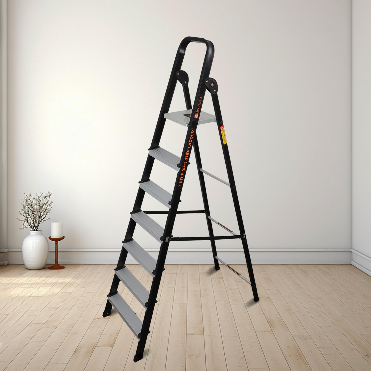 Bonkaso Climb Lite Pro Foldable Aluminium Ladder, Multipurpose Ladder for Home & Office, Anti-Skid Steps, Heavy Duty Platform, 7 Steps, 5 Years Warranty (Black - 215h x 56w Cms)