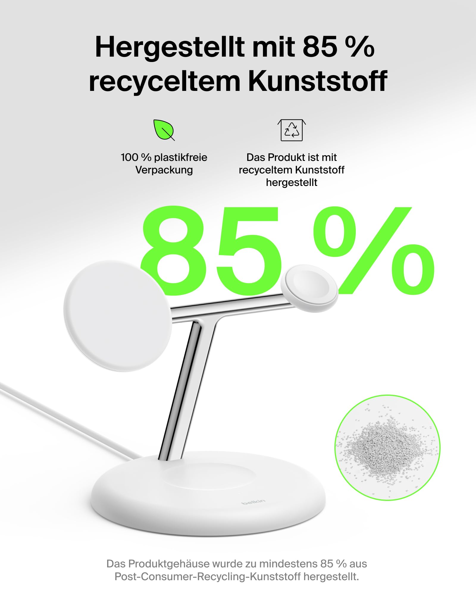 Belkin UltraCharge 3-in1 Induktive-Ladestation mit Qi2, 25W – Weiß | Qi2.2-zertifiziert, MagSafe Kompatibles Kabelloses Ladegerät für iPhone, Apple Watch, Kopfhörer; USB-C-Kabel, 45W Netzteil