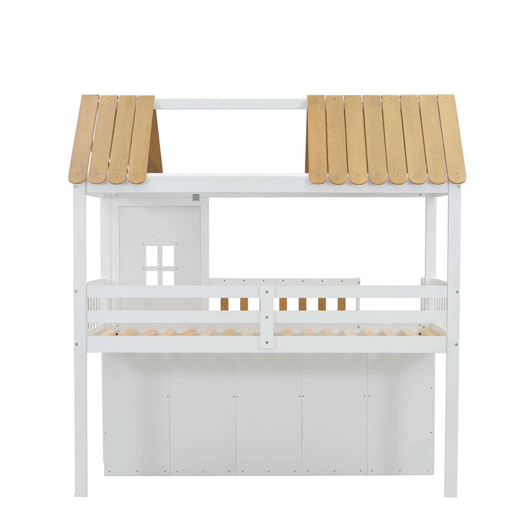 Cama alta de 90 x 200 cm, cuna con armario, cama de madera con ventana y zapatero, cama para niños y adolescentes (sin colchón) blanco+pino natural