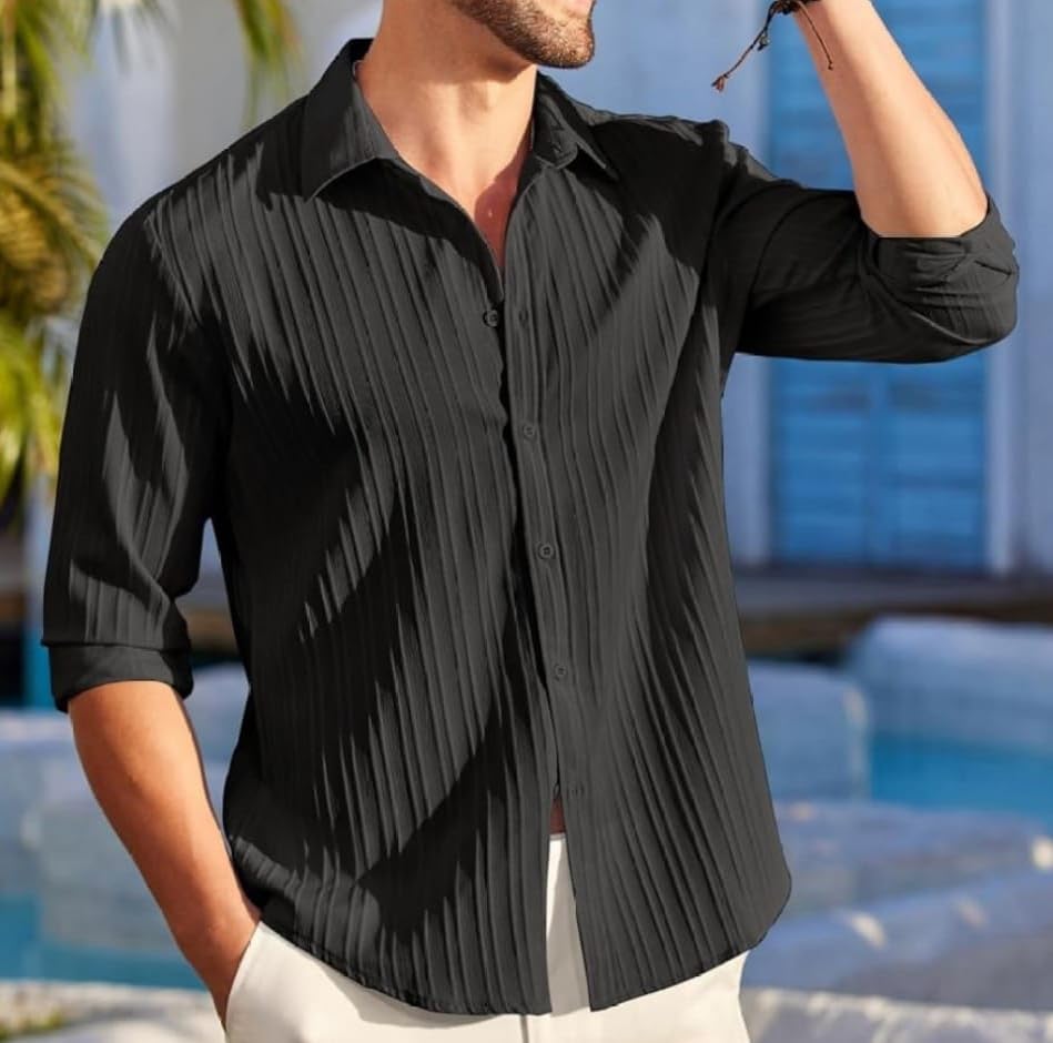 Image of Men's Casual Button Down Shirts Long Sleeve Linen Shirt Fashion Textured Beach Summer Shirt