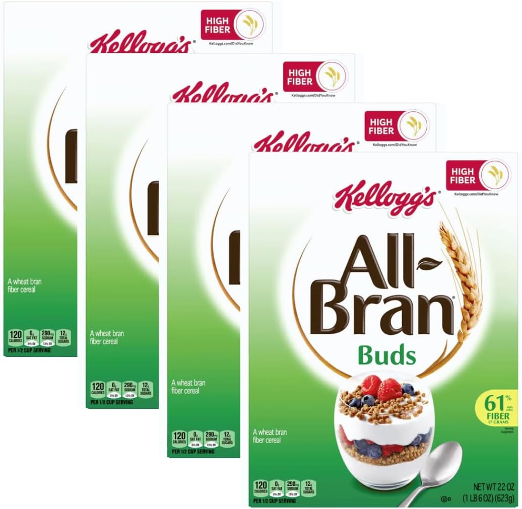 All Bran Buds Cereal - High Fiber, 22 oz, Pack of 4 - Healthy All Bran Cereal, Nourishing All Bran Buds Breakfast Option, Bundled with The Sweet Lyfe Fridge Magnet