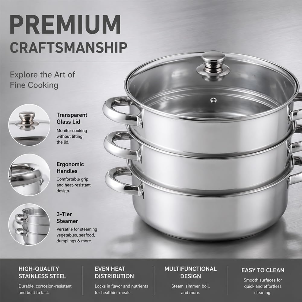 CEWROM Vaporera para cocinar al vapor, 28 cm, acero inoxidable, con inserto de vapor, 3/4 pisos con tapa de cristal para cocinar verduras, mariscos, sopas, guisos y pasta (4 niveles)