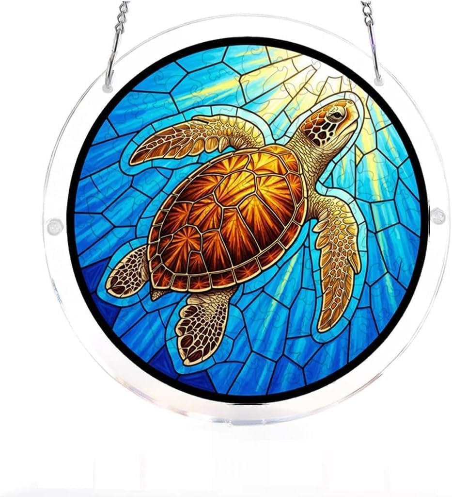 Sea Turtle Colorful Ocean Acrylic Jigsaw Puzzles Suncatcher, 8.9 Inch Window Hanging Suncatcher Acrylic Puzzle, DIY Home Decor Art Gift