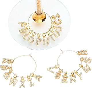 Gold Bling Letter Wine Glass Charms, 26-Piece Set, Diamond Wine Glass Markers for Stem Glasses, Shiny Wedding & Party Decoration