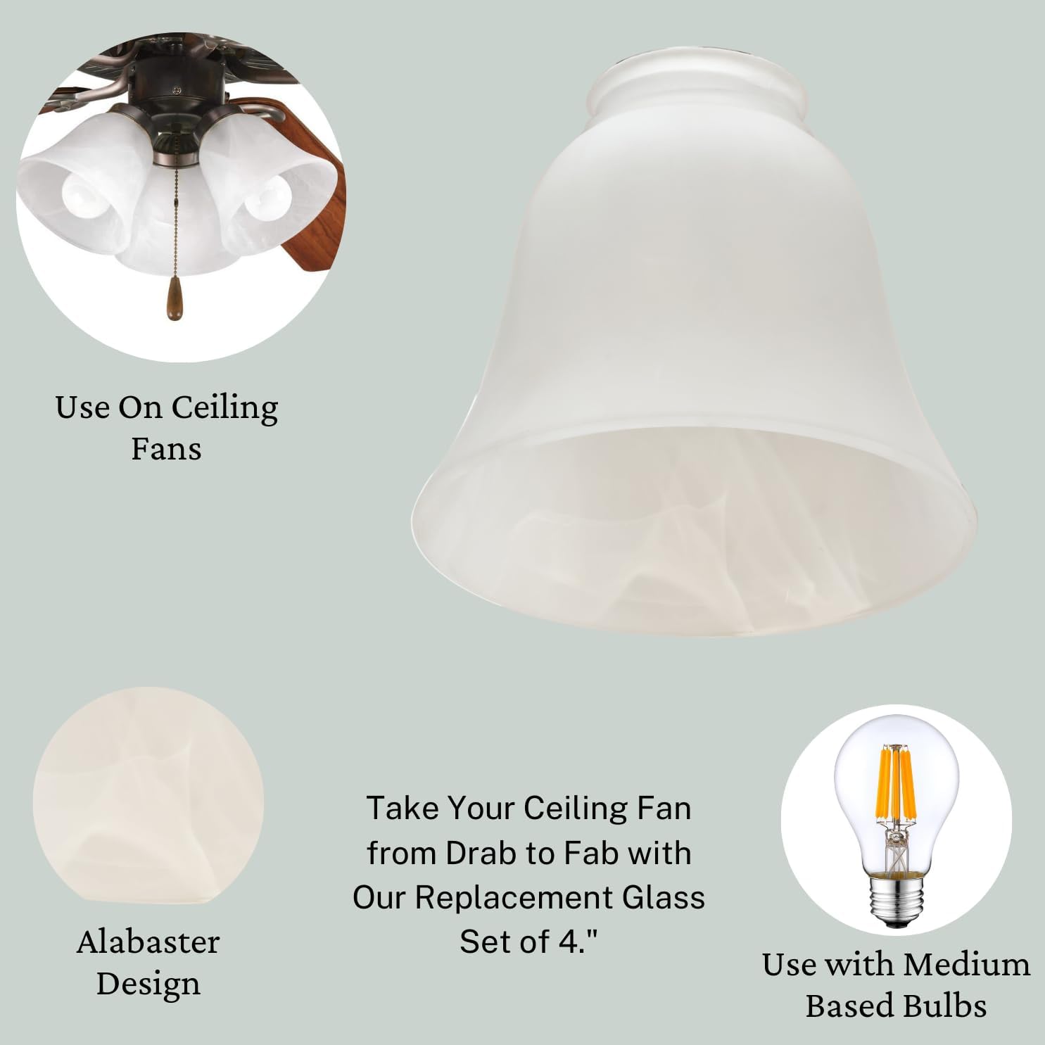 LIGHTACCENTS 4-Pack Ceiling Fan Light Covers -white Alabaster Glass Shade Lamp Replacement Kit For Ceiling Fan Light Kits. Glass Lamp Shade Replacement Used For Ceiling Fan Globe Replacement