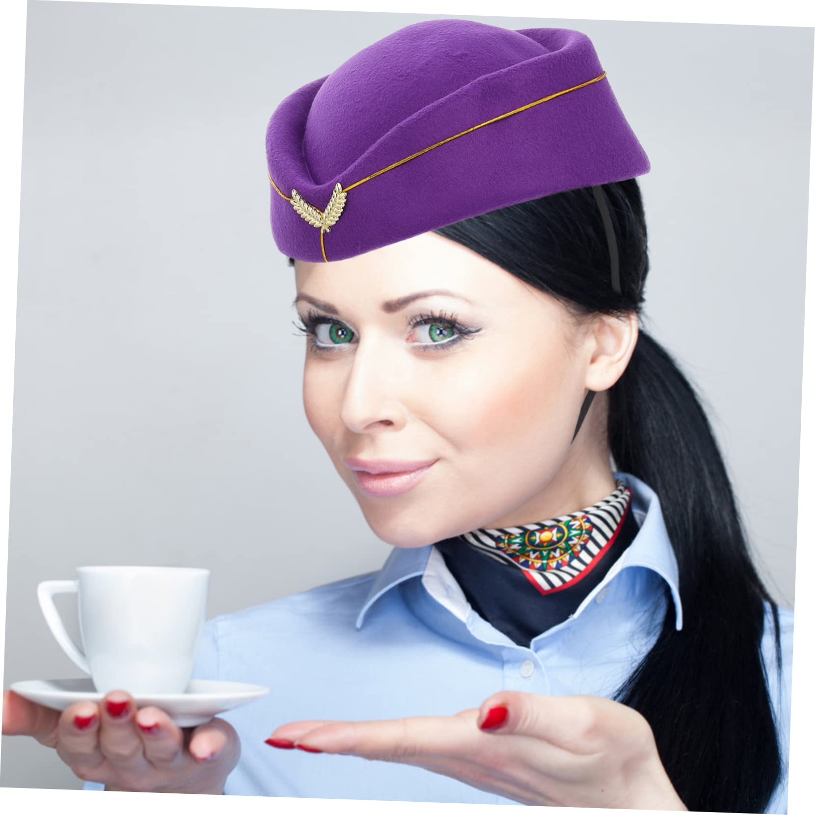 5piezas Sombrero De Azafata De Aerolínea Para Disfraces Elegante Gorra De Uniforme Cosplay Para Fiestas Eventos y Espectáculos Morado