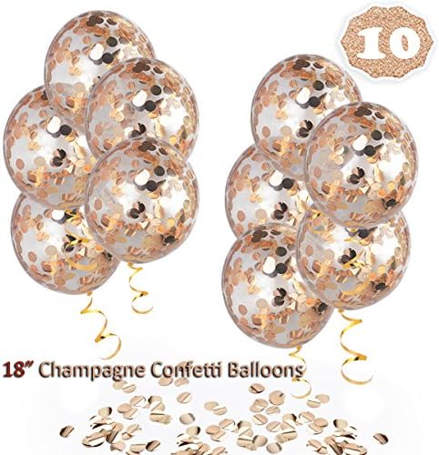 HoveBeaty Champagne Gold Confetti Balloons, Round 18'' Party Balloons Latex Transparent Champagne Balloons Gold Ribbon Wedding, Proposal, Birthday Party Decorations (10 Pack)
