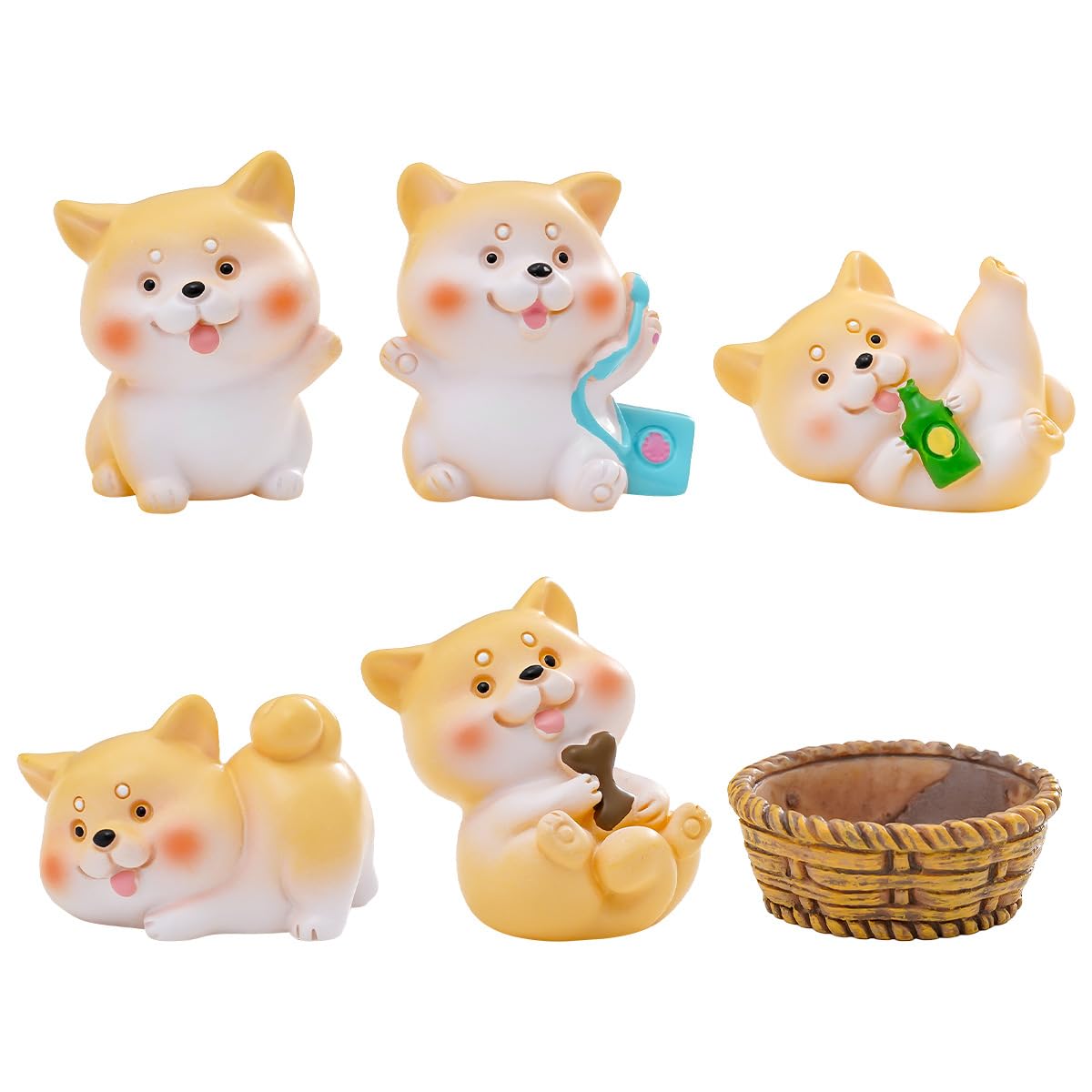 FOLANDO Akita Puppy Figure Set, 6 Pcs Mini Dog Figurines Akita Dogs Ornaments Puppies Statue Garten Decoration Pet Dog Animal Figures Resin Sculpture Micro Landscape Desk Office Car Decor (Puppies)