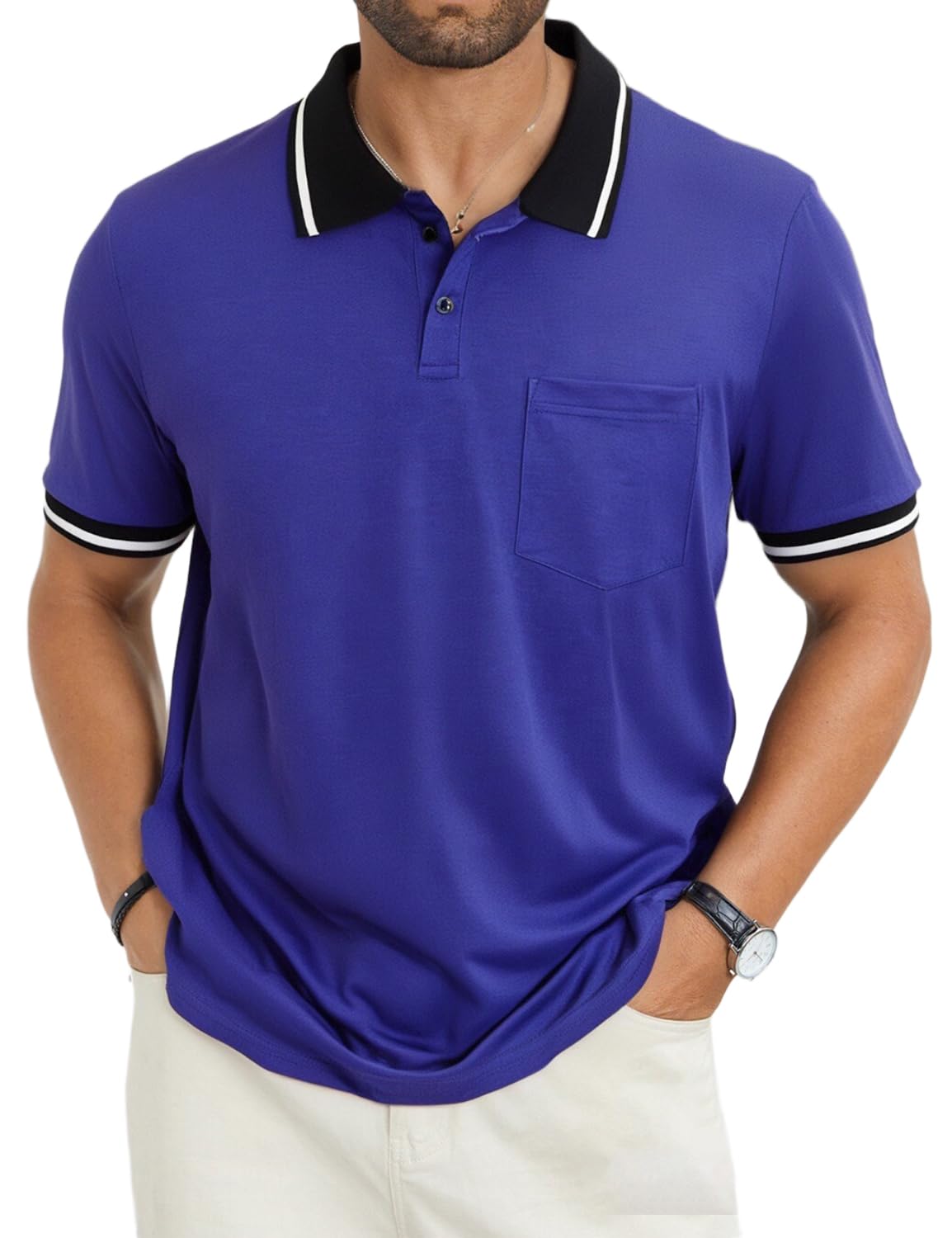 LuxMania Men's Casual Short Sleeve Polo Shirts Classic Button Summer Collared Golf Top T-Shirt with Pocket
