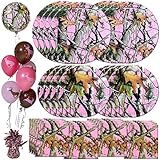 Havercamp Pink Camo Dinnerware Set | Dinner & Dessert Plates, Luncheon Napkins, Balloons, Balloon Weight | Great for Girls Birthday Bash, Baby Shower, Gender Reveal, Mother's Day