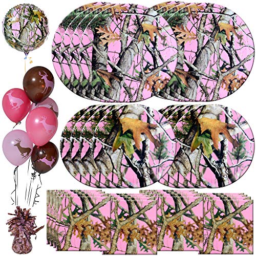 Havercamp Pink Camo Dinnerware Set | Dinner & Dessert Plates, Luncheon Napkins, Balloons, Balloon Weight | Great for Girls Birthday Bash, Baby Shower, Gender Reveal, Mother's Day
