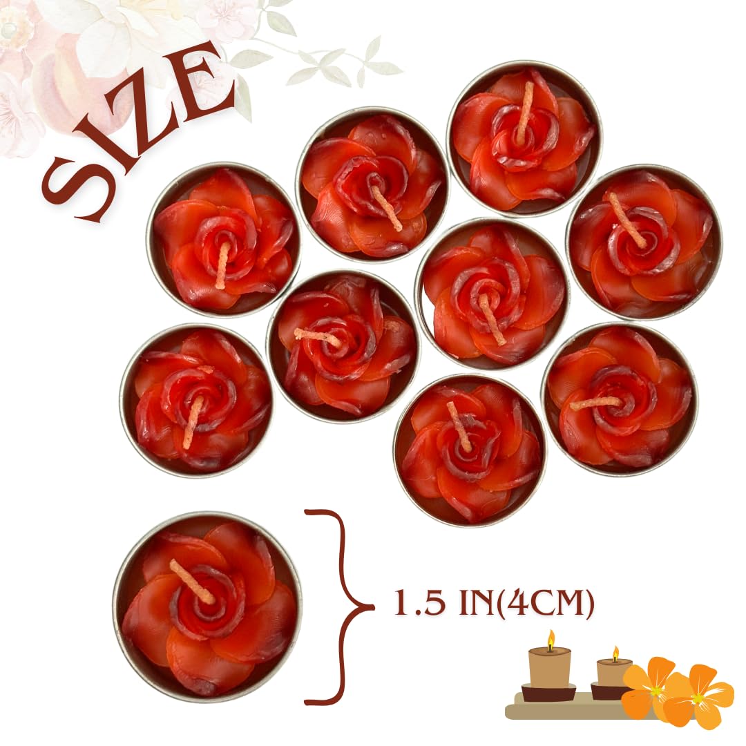 Handmade Flower Tea Light Candles Set of 10, Decorative, for Dinner, Relaxation, Home and Spa (Rose)
