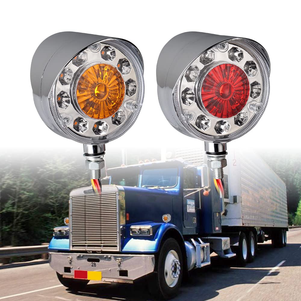 Astra Depot 4pcs Round Dual-Face with Chrome Visor 28-LED IP65 Red Amber Pedestal Running Brake Turn Signal Side Marker Lights Compatible with Peterbilt Kenworth Freightliner Volvo Semi Truck Trailer