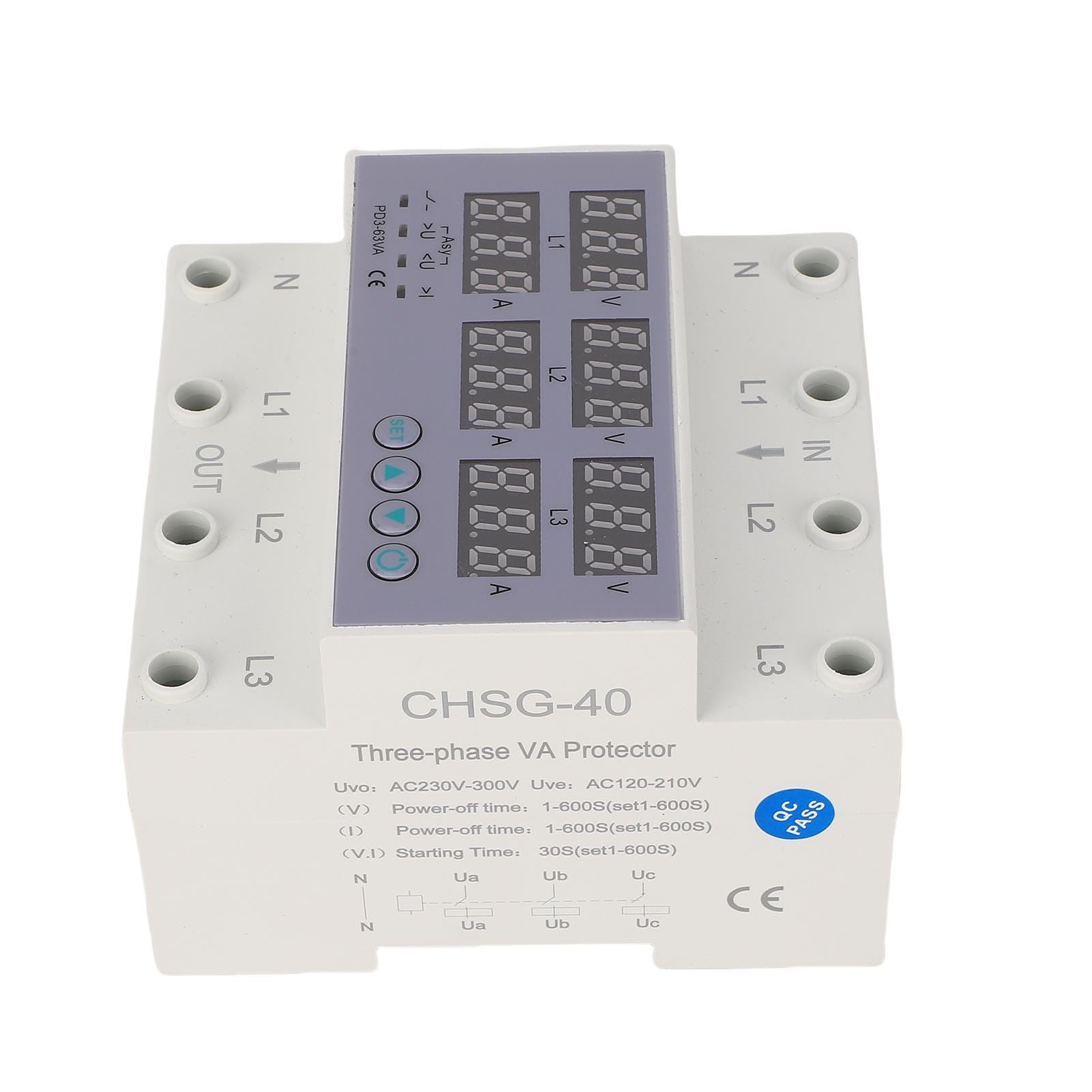 Tester Multifase per Voltmetro Amperometro su Guida DIN, Protezione da Sovracorrente Automatica da Sovratensione AC 390‑500V(40A)