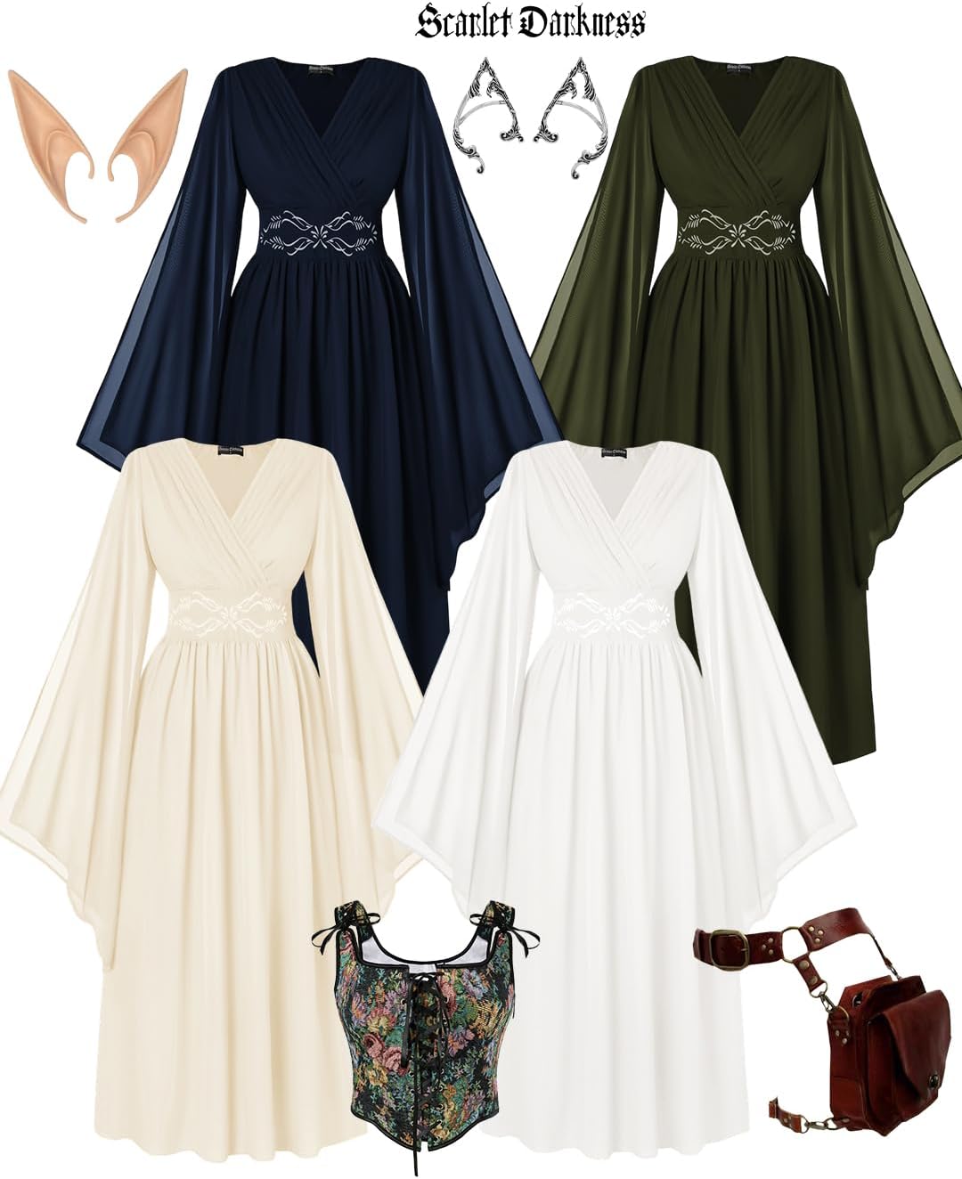 Scarlet Darkness Women's Renaissance Costume Wrap V Neck Medieval Dress Split Bell Sleeve Embroidery Fairy Dresses - Image 5