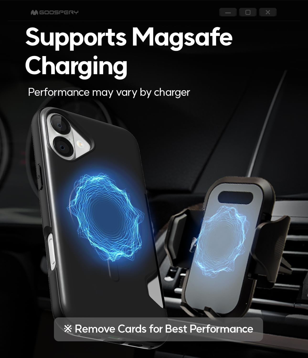 GOOSPERY Capa protetora Mag Bumper compatível com iPhone 16 Plus, compatível com Magsafe, carteira com suporte de cartão, capa traseira resistente de camada dupla - preta