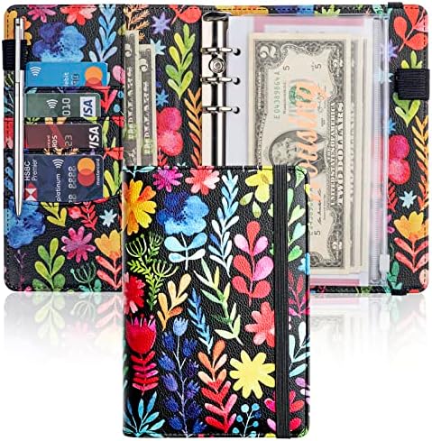 A6 Budget Binder for Money Saving Binder, PU Leather Budget Planner with 8 Cash Envelopes, Budget Sheets & Rose Gold Category Stickers, Money Organizer for Cash Binder, Gifts for Women Girls (Floral)