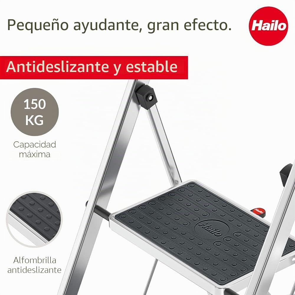 Hailo K30 3960161 Taburete de Aluminio con 2 Peldaños y Esterillas Antideslizantes, Plateado