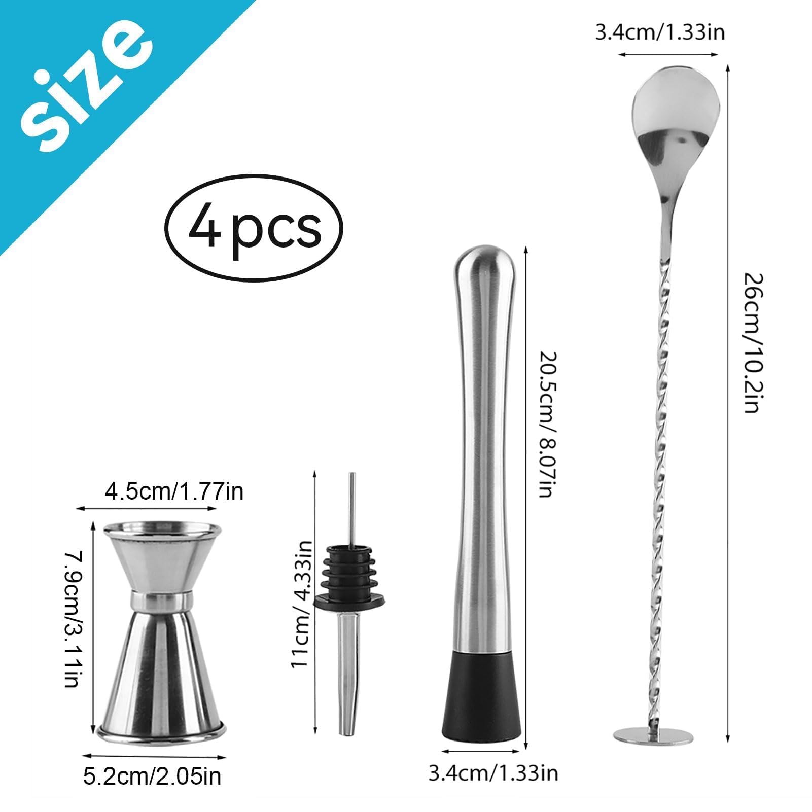 Kit da Barman 4 Pezzi, Misurino Doppio per Cocktail in Acciaio Inox con Tappo Versatore, Manico a Spirale Ergonomico Cucchiaio da Bar e Pestello, Set di strumenti per miscelare bevande