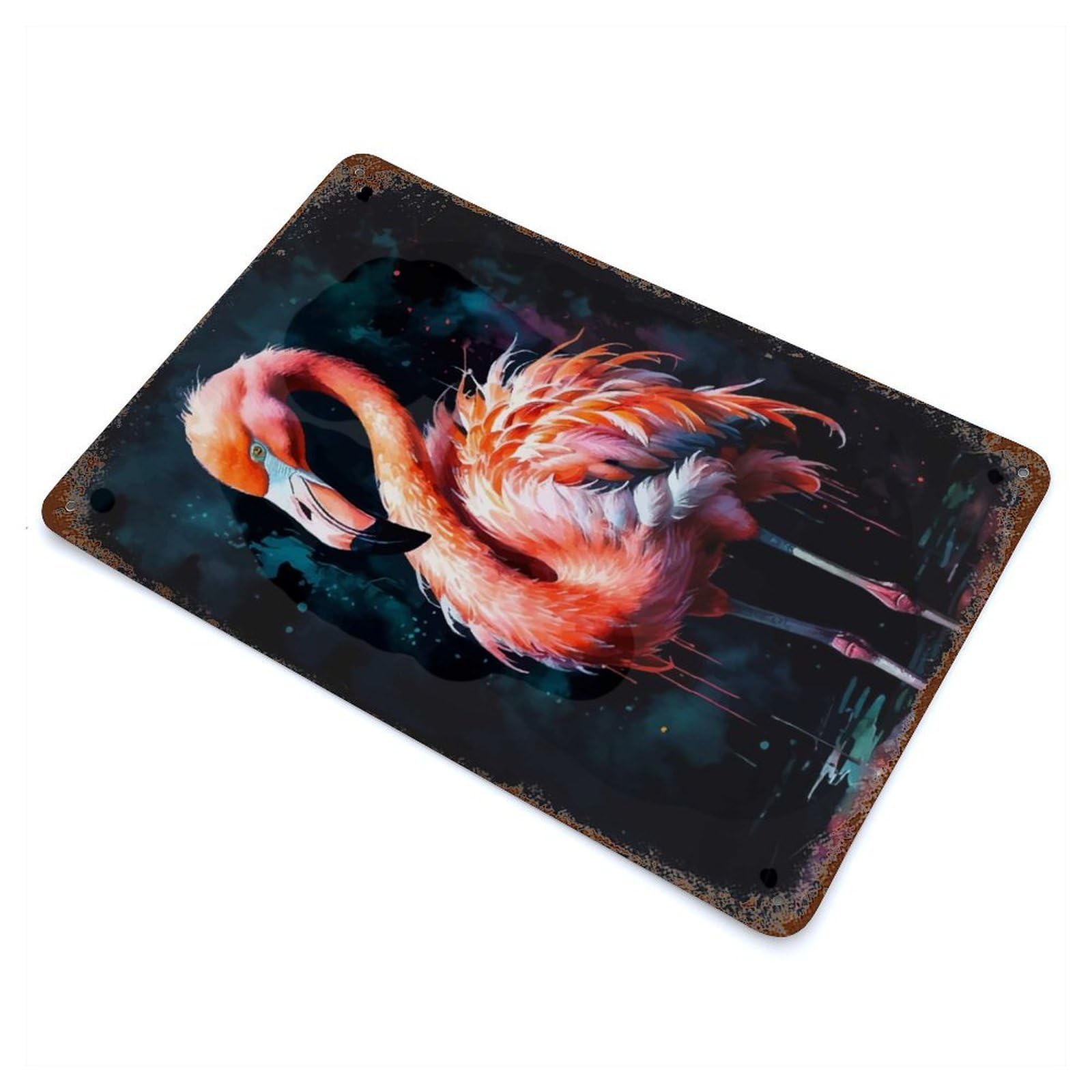 Pink Flamingo Watercolor Vintage Wall Sign 11.8"x7.9", Rust Effect Metal Decor for Farmhouse, Kitchen And Entryway Decor