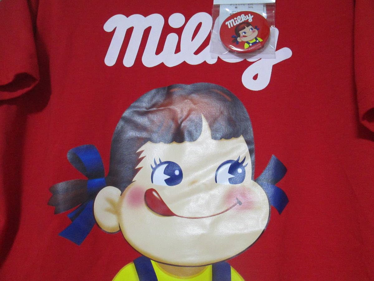 Amazon.co.jp: ペコちゃん ミルキー 半袖 Tシャツ Lサイズ 赤 缶バッジ