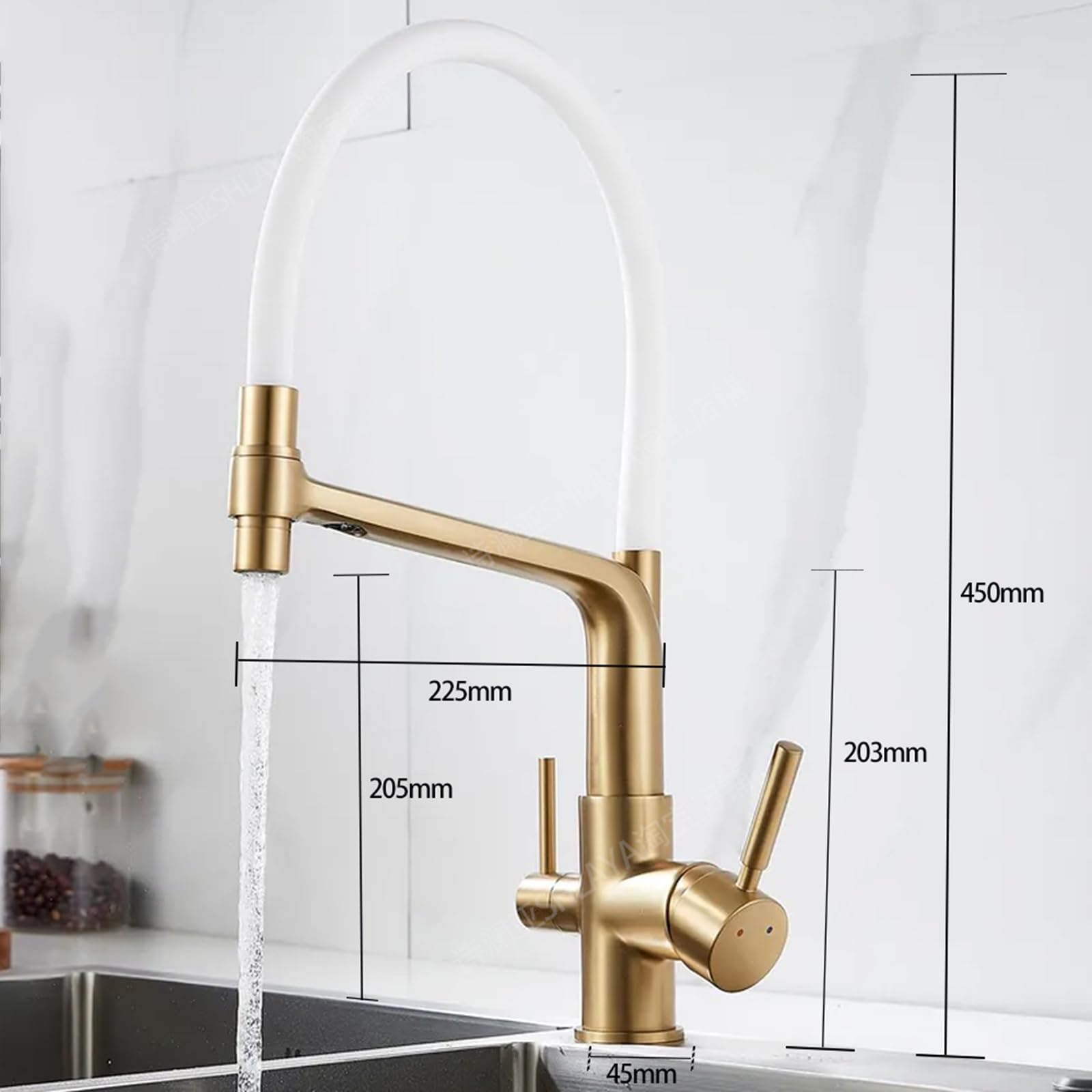 Grifo Cocina 3 Vias Osmosis Latón Giro 3 en 1 Grifo de Fregadero de Cocina-Oro Cepillado + Blanco