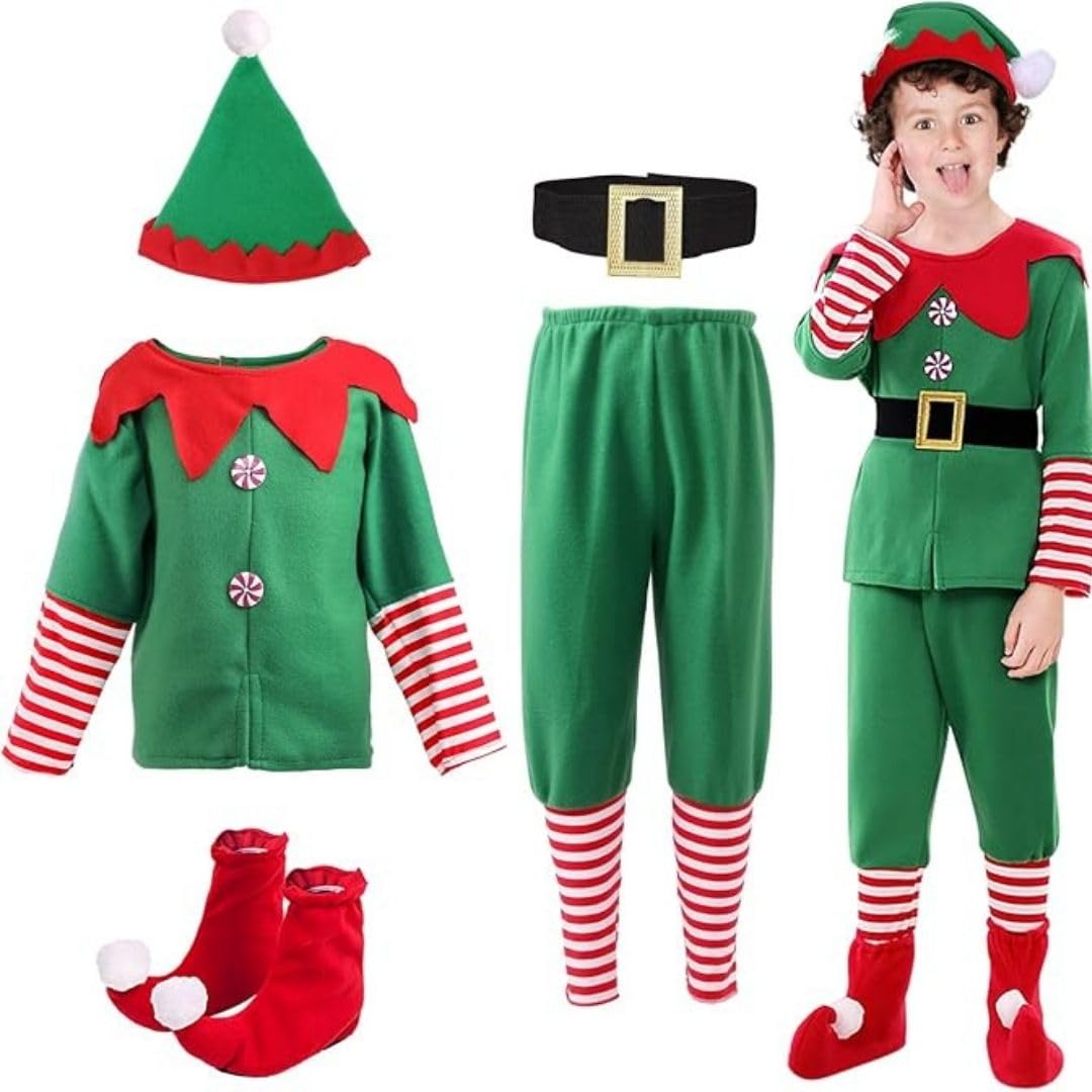 Elf Costume Kids- Christmas Costume for Boys & Girls Elf Dress with Elf Hat, Socks, Belt and Shoe Cover-Ideal Kids Costume for Christmas Parties & Cosplays