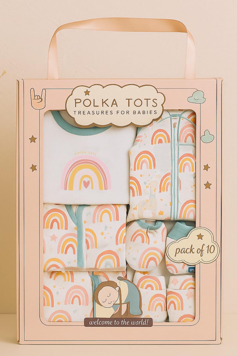 Polka Tots 100% Cotton Pack of 10 Jumbo Hamper Set Rainbow Print - Multicolor - NB
