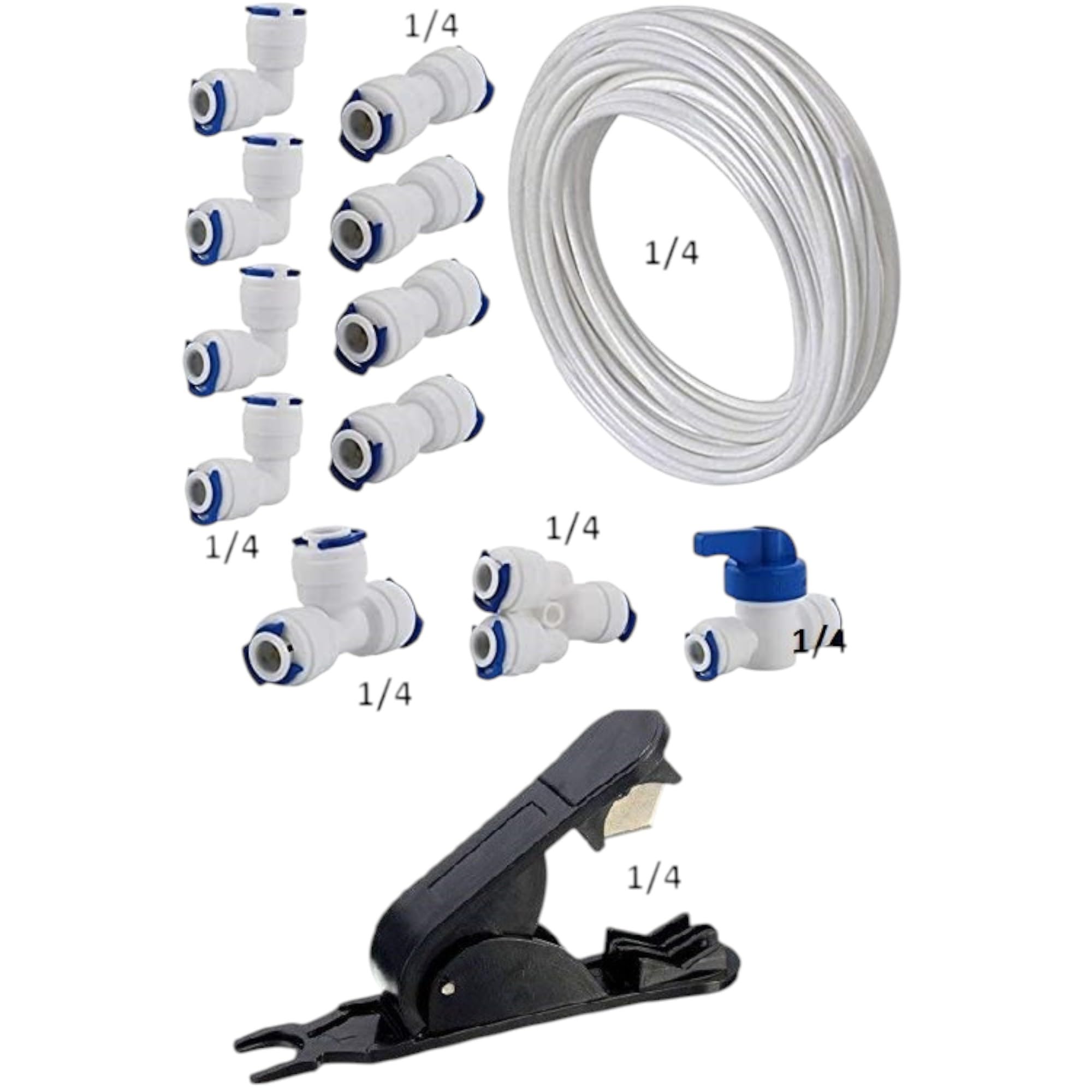 Water Filter Fitting, 1/4" Pushfit Straight Connector for Water Pipe (Y+T+I+L Type Combo + Shut-Off Valve), 3 Metres of 1/4" / 6.3mm Diameter Tube (Pack of 13)