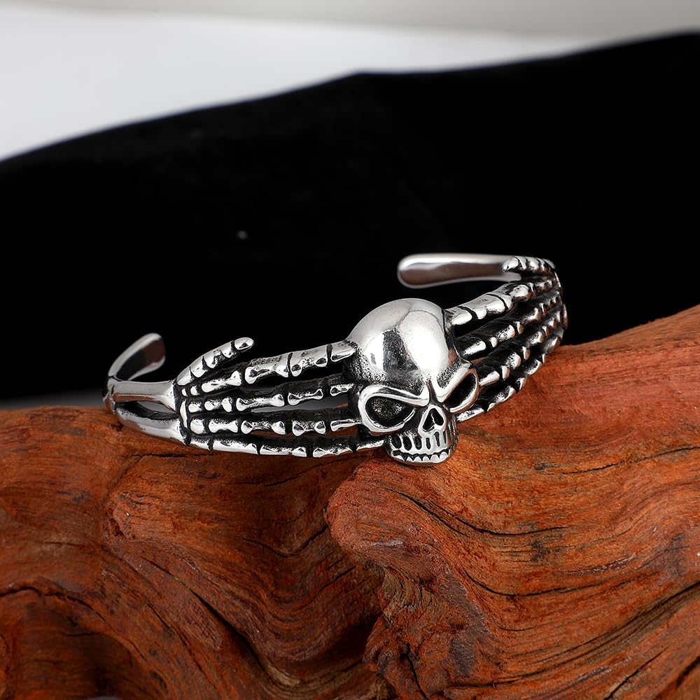 Gothic Skull Cuff Bracelet, Stainless Steel Skeleton Hands Bangle Bracelet, Punk Rock Jewelry Gift Women Men - Image 5