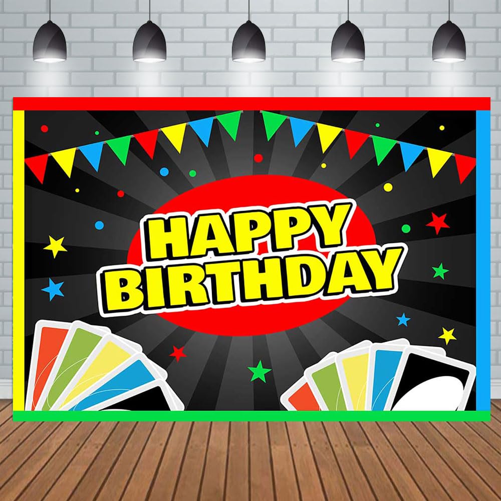 Aperturee 7x5ft Card Game Happy Birthday Backdrop Colorful Playing Cards Flags Game Night Party Cartoon Black Radial Stripe Bday Party Banner