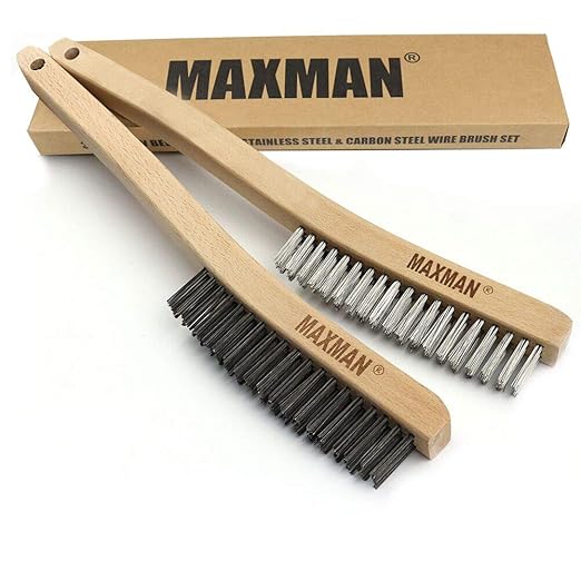 Wire Brush Set, Heavy Duty Carbon Steel and Stainless Steel Wire Scratch Brush for Cleaning Rust with 14" Long Curved Beechwood Handle, 2 Pieces, Large