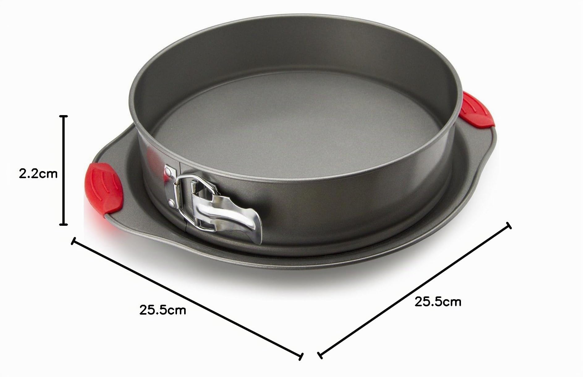 Molde Tarta Queso Desmontable Antiadherente 26 cm Redondo con Base Extraible - Molde Springform Profesional de Acero al Carbono con Cierre Hermetico y Asas de Silicona Roja - Boxiki Kitchen