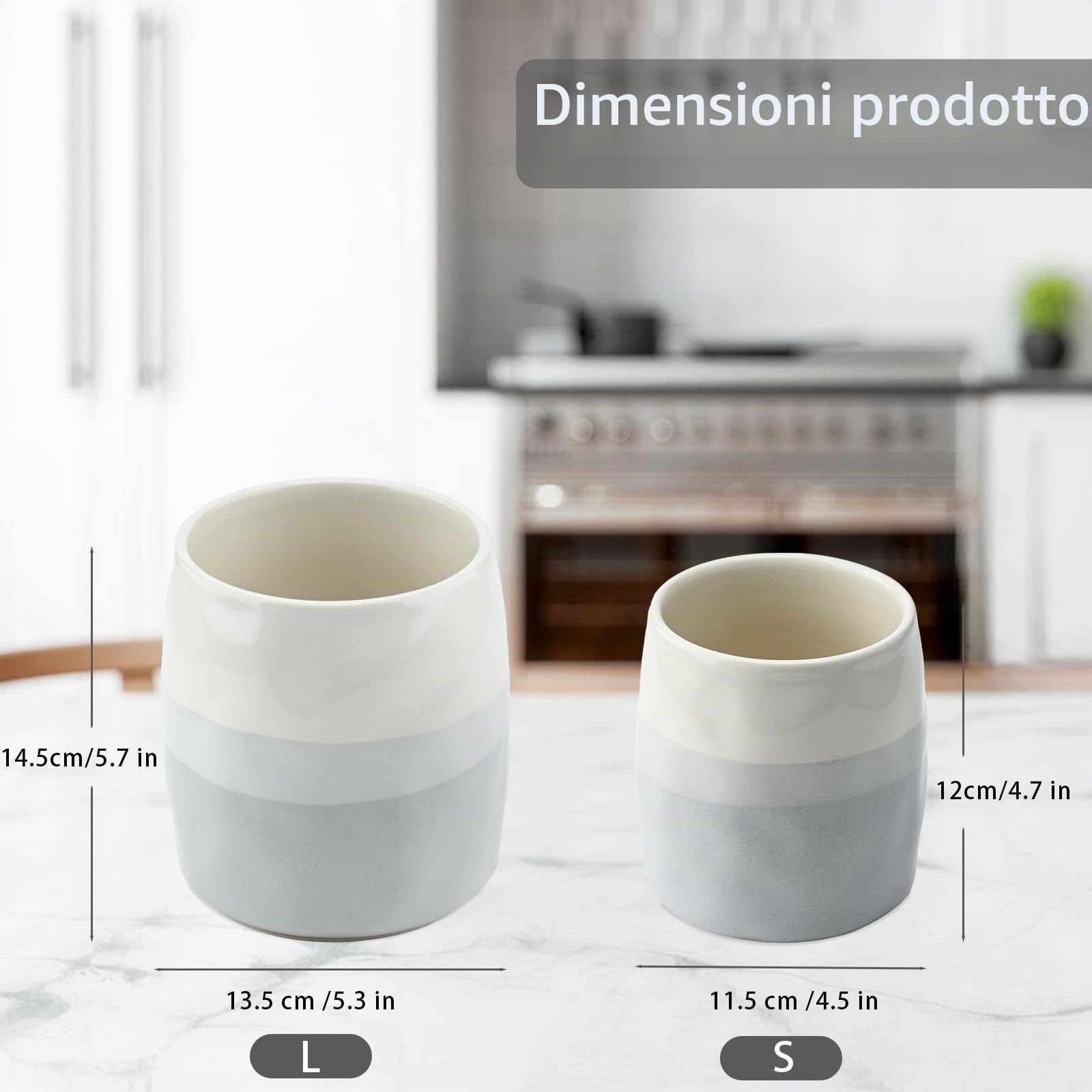 Porta Utensili da Cucina in Ceramica, Porta Posate da Cucina da Appoggio, Portamestoli da Tavola per Cucchiai, Spatole, Stoviglie, Design Stratificato Crema e Grigio (L)