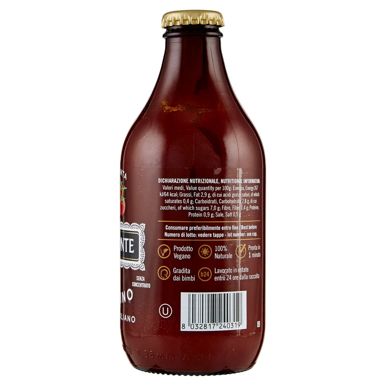 Agromonte Salsa Pronta di Pomodorino Ciliegino Sauce tomate cerise prête à l'emploi Sauce tomate Sauce tomate Purée de tomates Bouteille en verre de 330 g